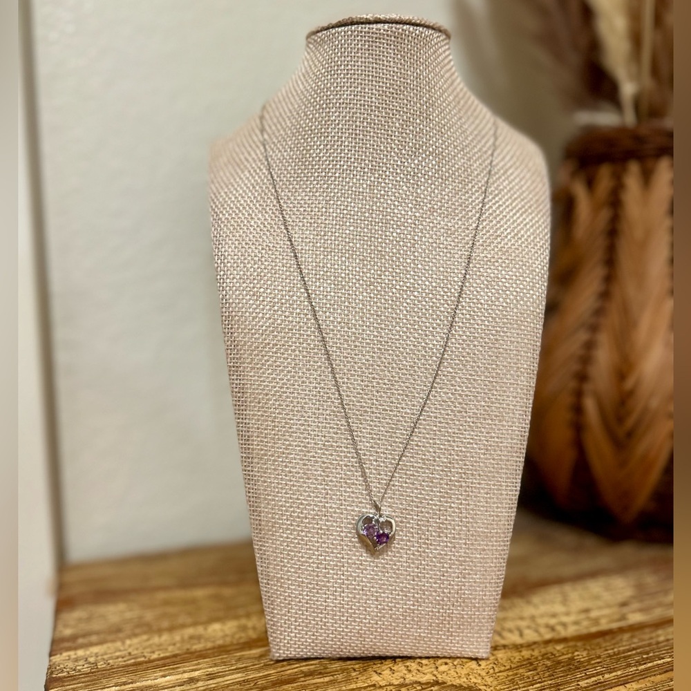 925 Sterling Silver Genuine Amethyst Studded Heart Pendant Necklace